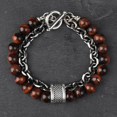 Új Tiger Eye Stone gyöngyös férfi karkötő rozsdamentes acélból készült fegyverlánc lánc jóga viking karkötő férfi ékszer Akció