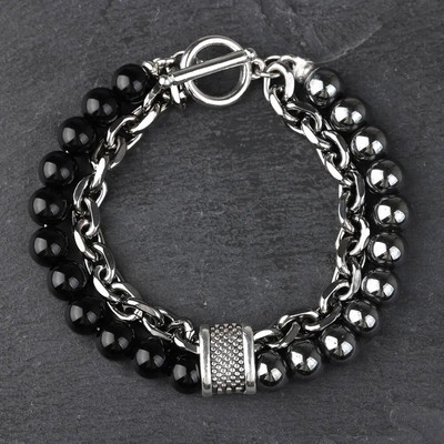 Új Tiger Eye Stone gyöngyös férfi karkötő rozsdamentes acélból készült fegyverlánc lánc jóga viking karkötő férfi ékszer Akció