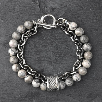 Új Tiger Eye Stone gyöngyös férfi karkötő rozsdamentes acélból készült fegyverlánc lánc jóga viking karkötő férfi ékszer Akció