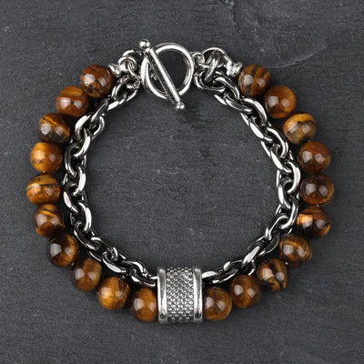Új Tiger Eye Stone gyöngyös férfi karkötő rozsdamentes acélból készült fegyverlánc lánc jóga viking karkötő férfi ékszer Akció