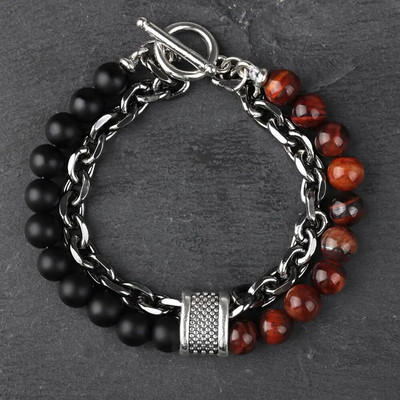 Új Tiger Eye Stone gyöngyös férfi karkötő rozsdamentes acélból készült fegyverlánc lánc jóga viking karkötő férfi ékszer Akció