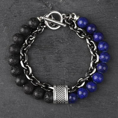 Új Tiger Eye Stone gyöngyös férfi karkötő rozsdamentes acélból készült fegyverlánc lánc jóga viking karkötő férfi ékszer Akció