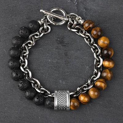 Új Tiger Eye Stone gyöngyös férfi karkötő rozsdamentes acélból készült fegyverlánc lánc jóga viking karkötő férfi ékszer Akció