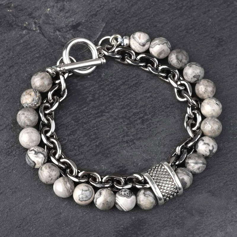 Új Tiger Eye Stone gyöngyös férfi karkötő rozsdamentes acélból készült fegyverlánc lánc jóga viking karkötő férfi ékszer Akció