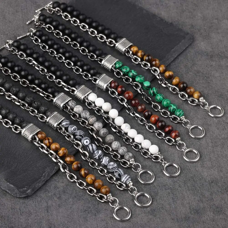 Új Tiger Eye Stone gyöngyös férfi karkötő rozsdamentes acélból készült fegyverlánc lánc jóga viking karkötő férfi ékszer Akció