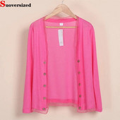 Mujer, pleteni kardigan za zaštitu od sunca, velika veličina 5xl, lagani gornji ženski korejski modni kaput s dvostrukim kopčanjem, dugih rukava u boji slatkiša