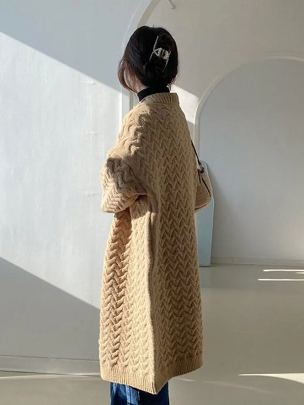 Παλτό Γυναικείο Χειμώνας 2023 Πράσινη πλεκτή ζακέτα Vintage Loose Leisure Μακρύ Μόδα Χοντρό Φόρεμα Πουλόβερ Ζεστό μπουφάν Υπερμεγέθη Ζακέτα