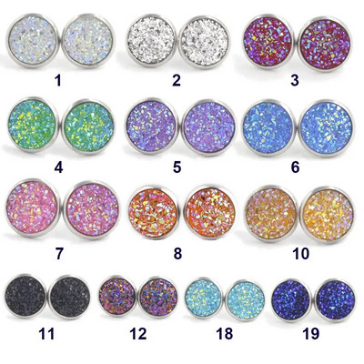 12mm Στρογγυλή ρητίνη Druzy Stud Σκουλαρίκια Γυναικεία κοσμήματα Δώρο Σκουλαρίκια Glitter Υψηλής ποιότητας κοσμήματα μόδας