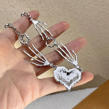 Готическо червено прасковено сърце с висулка Колие Sliver Ghost Claw Love Short Choker Punk Exaggerated Clavicle Chain For Women Jewelry