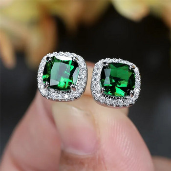 Класически сребърни цветни сватбени обеци Зелен опал Квадратни каменни обеци Многоцветни кристални малки обеци за жени Бижута