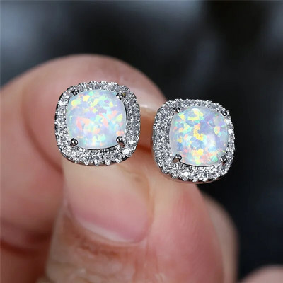 Klasszikus ezüst színű esküvői fülbevaló zöld opál négyzet kő fülbevaló többszínű kristály kis fülbevaló női ékszer