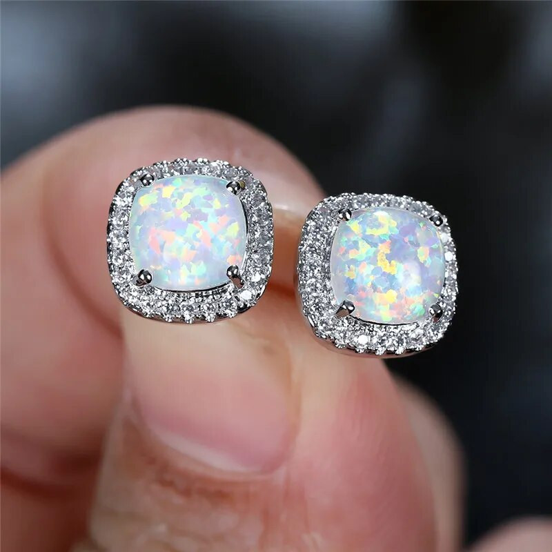 Klasszikus ezüst színű esküvői fülbevaló zöld opál négyzet kő fülbevaló többszínű kristály kis fülbevaló női ékszer