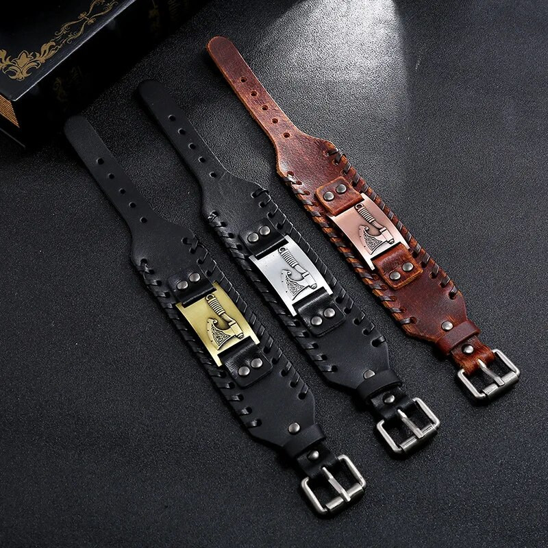 Nordic Totem Charm Wide Leather Narukvica Viking Great Axe Muška narukvica Punk kožni tkani dodaci Nakit za zabave Veleprodaja