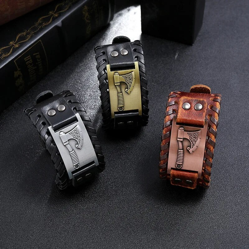 Nordic Totem Charm Wide Leather Narukvica Viking Great Axe Muška narukvica Punk kožni tkani dodaci Nakit za zabave Veleprodaja