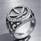 Šuplji okrugli prsten s pečatom od javorovog lista za muškarce Veleprodaja prstena s pečatom od korova od konoplje i konoplje od nehrđajućeg čelika