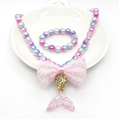 Komplet ogrlica s kuglicama za djevojčice, modni privjesak s repom sirene, dječji, podesivi, lijepa ogrlica, šarm, zdepast nakit za dar