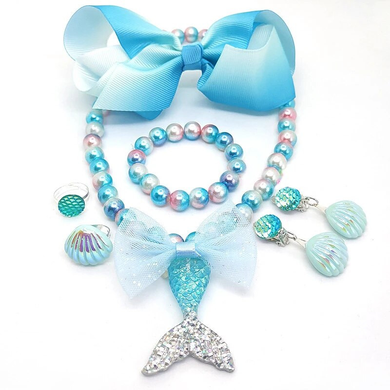 Komplet ogrlica s kuglicama za djevojčice, modni privjesak s repom sirene, dječji, podesivi, lijepa ogrlica, šarm, zdepast nakit za dar