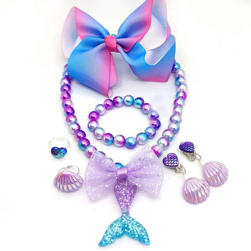 Komplet ogrlica s kuglicama za djevojčice, modni privjesak s repom sirene, dječji, podesivi, lijepa ogrlica, šarm, zdepast nakit za dar