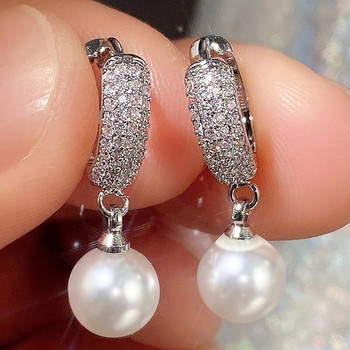 Луксозни модни перлени микро павирани циркониеви обеци с халки за жени Капка обеца Ежедневни парти Подарък за рожден ден Бижута Pendientes Mujer