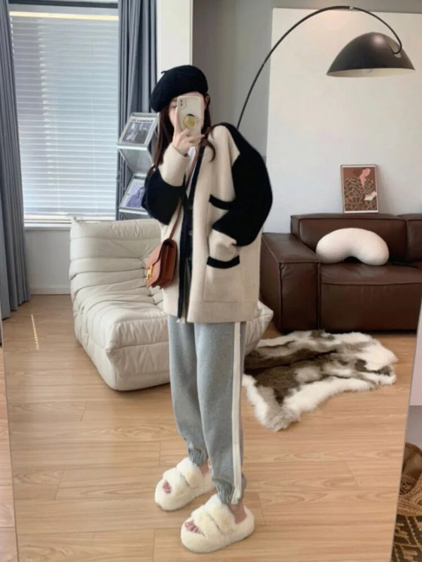 Sieviešu džemperis ar V veida kakla izgriezumu, vienrindas vienkrāsains ar garām piedurknēm, mīksts ikdienas trikotāžas mētelis, ielu apģērba apģērba topi