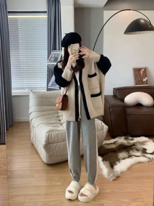 Sieviešu džemperis ar V veida kakla izgriezumu, vienrindas vienkrāsains ar garām piedurknēm, mīksts ikdienas trikotāžas mētelis, ielu apģērba apģērba topi