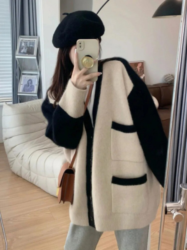 Sieviešu džemperis ar V veida kakla izgriezumu, vienrindas vienkrāsains ar garām piedurknēm, mīksts ikdienas trikotāžas mētelis, ielu apģērba apģērba topi