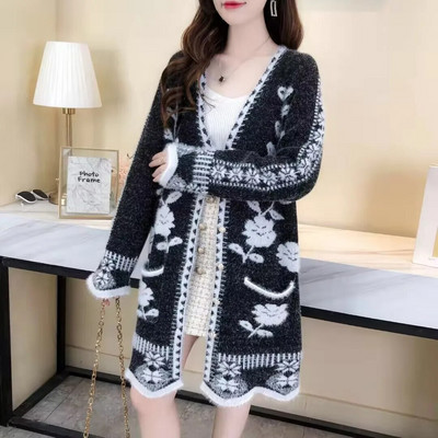 Új őszi téli kardigán pulóver, női, középhosszú, faux nerc kardigán dzseki női kötött pulóver felsők női pulóver dzseki