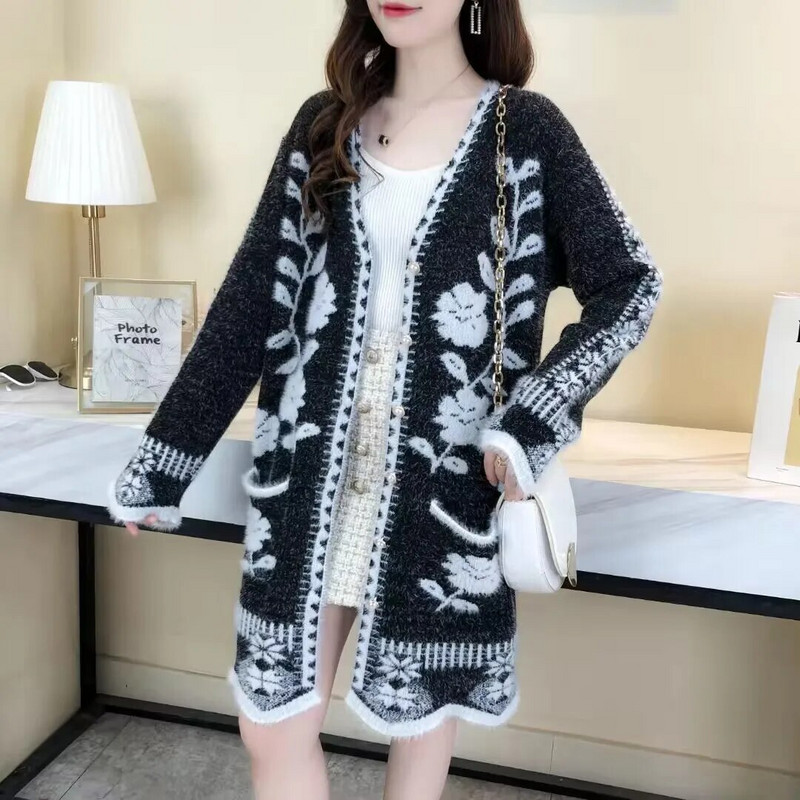 Új őszi téli kardigán pulóver, női, középhosszú, faux nerc kardigán dzseki női kötött pulóver felsők női pulóver dzseki