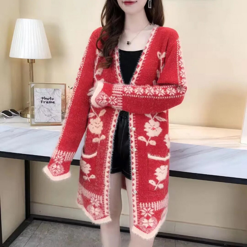 Új őszi téli kardigán pulóver, női, középhosszú, faux nerc kardigán dzseki női kötött pulóver felsők női pulóver dzseki