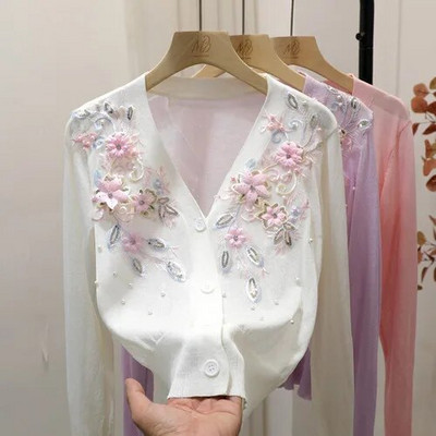 Γαλλικά εξαίσια κεντημένα λουλούδια με λαιμόκοψη V κοντό πλεκτό κορυφαίο γυναικείο καλοκαιρινό ρετρό καλλιτεχνική λεπτή ζακέτα προστασίας από τον ήλιο