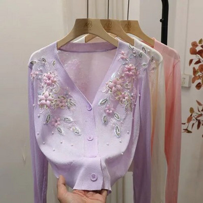 Γαλλικά εξαίσια κεντημένα λουλούδια με λαιμόκοψη V κοντό πλεκτό κορυφαίο γυναικείο καλοκαιρινό ρετρό καλλιτεχνική λεπτή ζακέτα προστασίας από τον ήλιο