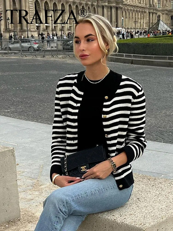Ζακέτα TRAFZA Γυναικεία Πλέξιμο Ριγέ κλωστή V Λαιμόκοψη Γυναικεία πουλόβερ με τσέπες Κομψά και κομψά γυναικεία ρούχα