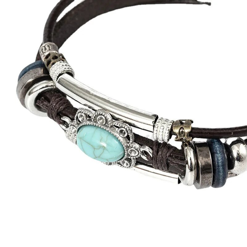 Modes retro tirkīza rokassprādze Sieviešu personības nerūsējošā tērauda ādas rokassprādze Ar rokām austas vīriešu ādas rotaslietas