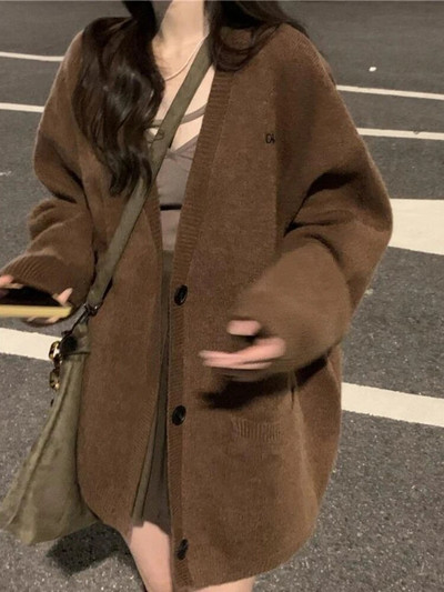 Sieviešu haki krāsas jaka Džemperi Baggy Pure Color Streetwear Korejiešu modes Кардиган Женский Eleganta Girlish Retro Japāņu Stilīgs