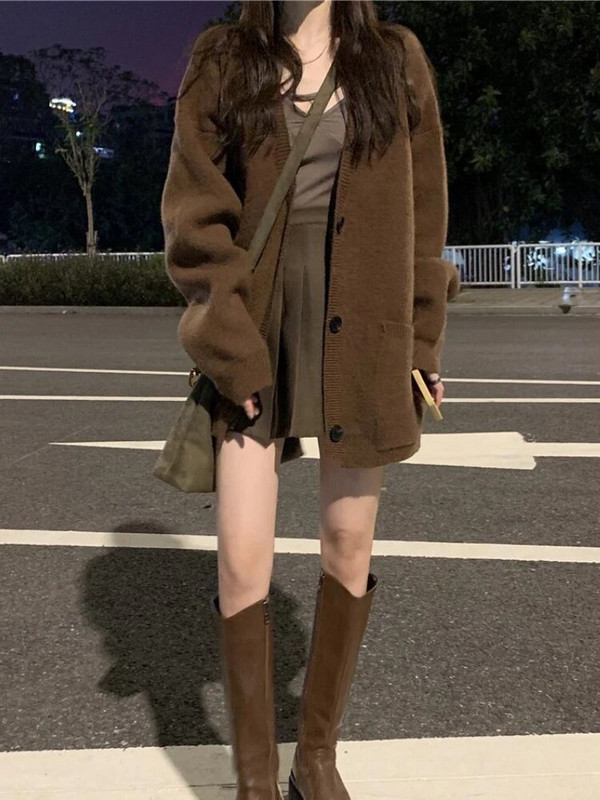 Sieviešu haki krāsas jaka Džemperi Baggy Pure Color Streetwear Korejiešu modes Кардиган Женский Eleganta Girlish Retro Japāņu Stilīgs