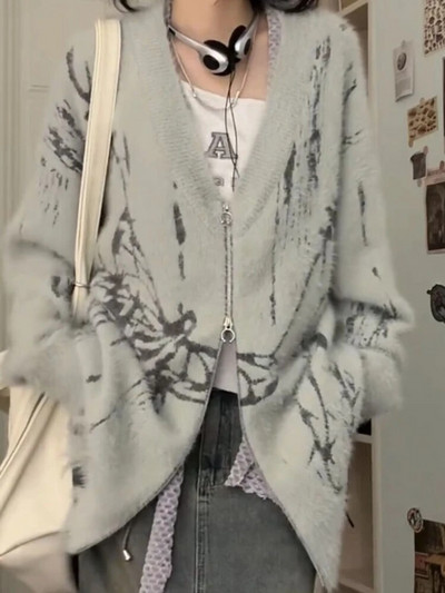 Sieviešu jaciņa rudens V veida kakla rāvējslēdzējs brīvs korejiešu stils Ikdienas Preppy Students Mode High Street Chic Кардиган Женский