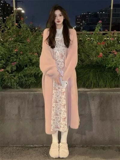 Hosszú, egyszerű kardigán női pulóver, tiszta, minimalista kötött koreai divat, édes temper, táskás gyengéd elegáns elegáns Кардиган hangulatos