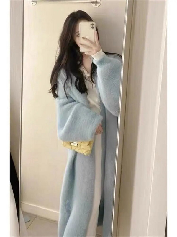 Hosszú, egyszerű kardigán női pulóver, tiszta, minimalista kötött koreai divat, édes temper, táskás gyengéd elegáns elegáns Кардиган hangulatos