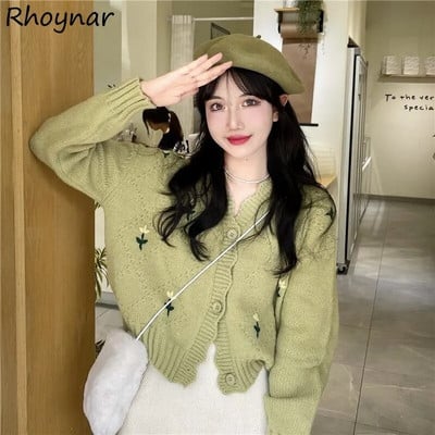 Embroidery Cardigan Women Sweet Print Crop Aesthetics Knit Sweaters Harajuku Korean Spring Vintage Kawaii Clothes Кардиган Ins