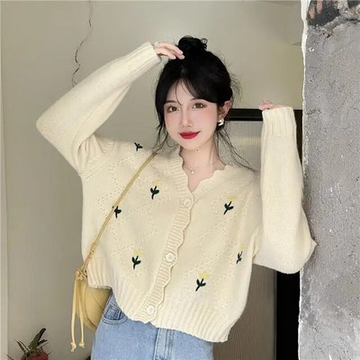Izšūšana Jaciņa Sieviešu Sweet Print Crop Estētika Adījums Džemperi Harajuku Korean Spring Vintage Kawaii Clothes Кардиган Ins