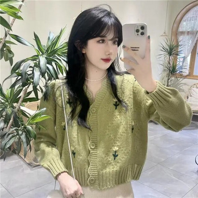 Izšūšana Jaciņa Sieviešu Sweet Print Crop Estētika Adījums Džemperi Harajuku Korean Spring Vintage Kawaii Clothes Кардиган Ins
