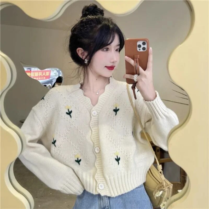 Izšūšana Jaciņa Sieviešu Sweet Print Crop Estētika Adījums Džemperi Harajuku Korean Spring Vintage Kawaii Clothes Кардиган Ins