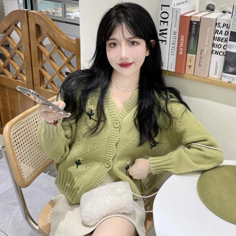 Izšūšana Jaciņa Sieviešu Sweet Print Crop Estētika Adījums Džemperi Harajuku Korean Spring Vintage Kawaii Clothes Кардиган Ins