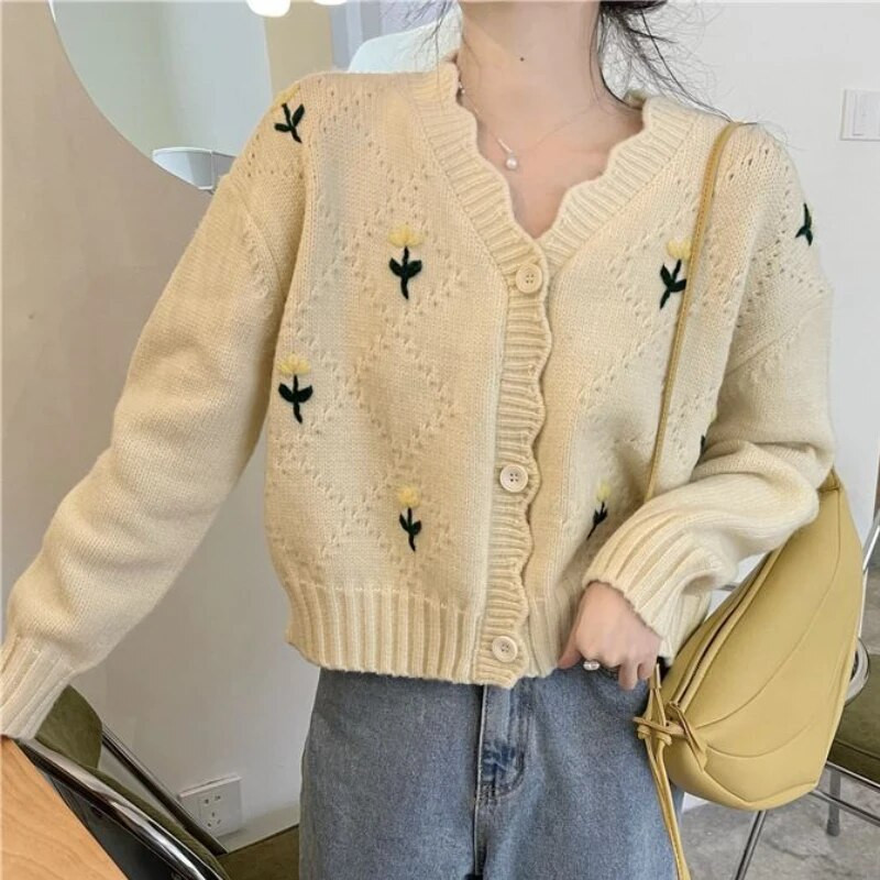 Izšūšana Jaciņa Sieviešu Sweet Print Crop Estētika Adījums Džemperi Harajuku Korean Spring Vintage Kawaii Clothes Кардиган Ins