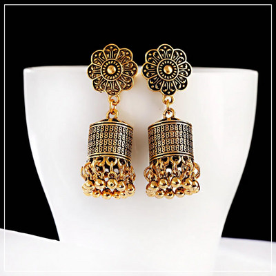 Cercei geometrici turci Jhumka pentru femei noi, etnici, vintage, bijuterii indiene, cercei suspendați cu ciucuri de culoare aurie, bijuterii pentru curcan