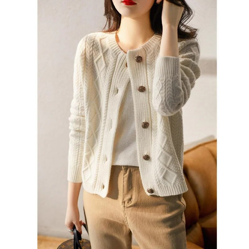 2022. aasta sügistalv naiste Korea mood Vintage šikk keerutatud ühevärviline paks kootud kampsun kardigannööpidega pikkade varrukatega mantel