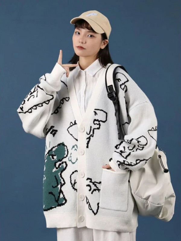 V veida kaklasaites jaciņa sievietēm Baggy karikatūra Preppy Knitting Кардиган Женский Vintage Schoolgirl Ins Designer Paneled Korejiešu Mode Jaunums