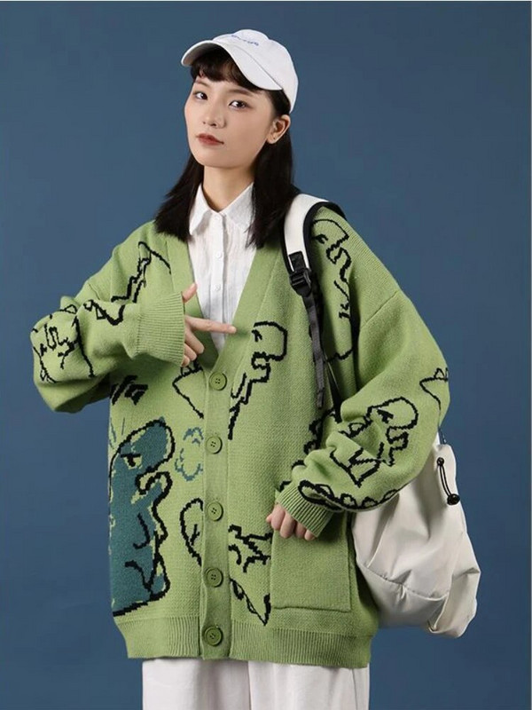 V veida kaklasaites jaciņa sievietēm Baggy karikatūra Preppy Knitting Кардиган Женский Vintage Schoolgirl Ins Designer Paneled Korejiešu Mode Jaunums