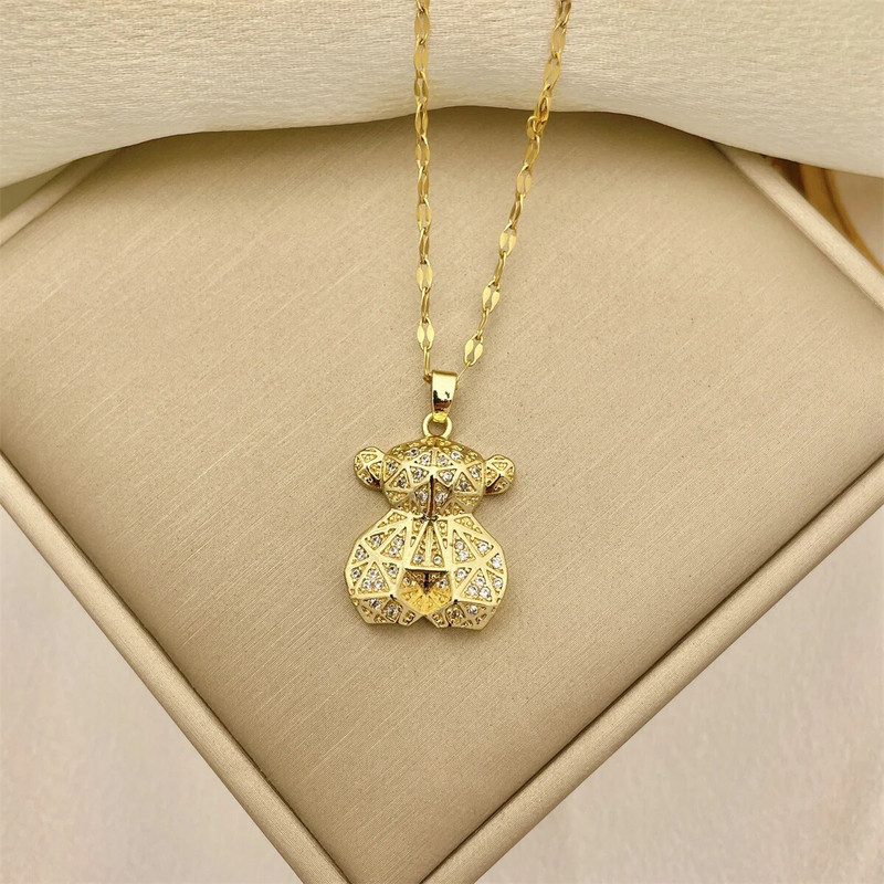 Mielas meškiuko pakabukas, vario inkrustuotas cirkonio karoliai moterims nerūdijančio plieno grandinėlės vestuvių vakarėlio jubiliejaus dovanos papuošalai