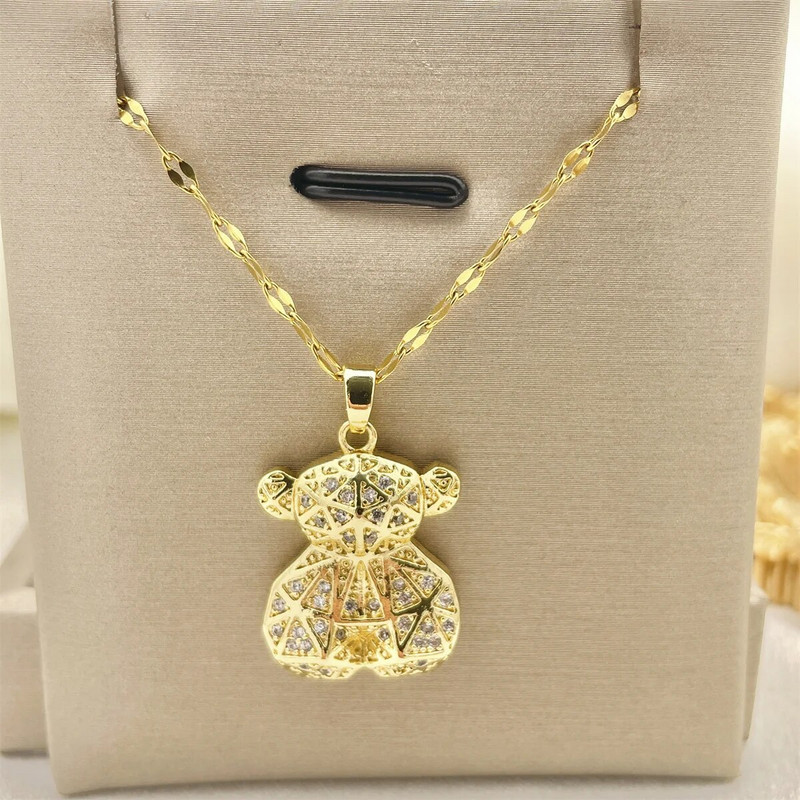 Mielas meškiuko pakabukas, vario inkrustuotas cirkonio karoliai moterims nerūdijančio plieno grandinėlės vestuvių vakarėlio jubiliejaus dovanos papuošalai